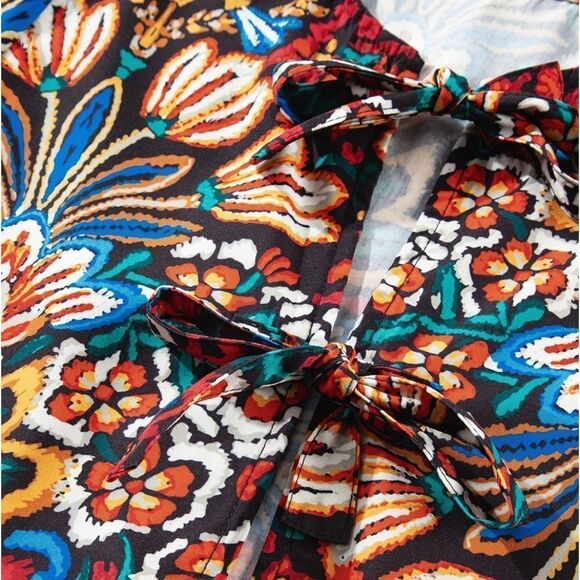 Blue and Red Peplum Blouse with Puff Sleeves Floral w Front Tie - Picture 8 of 12